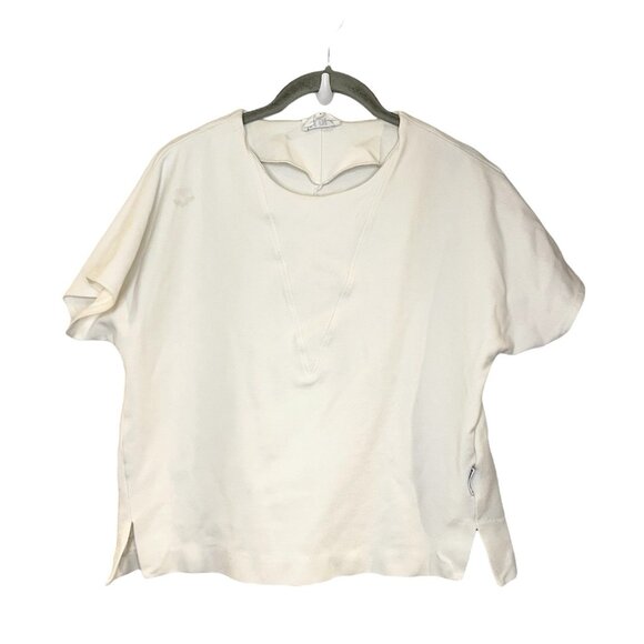Bimba Y Lola Ivory Ponte Stretch Short Sleeve Boxy‎ Crop Top Size S *FLAW* - Picture 1 of 6